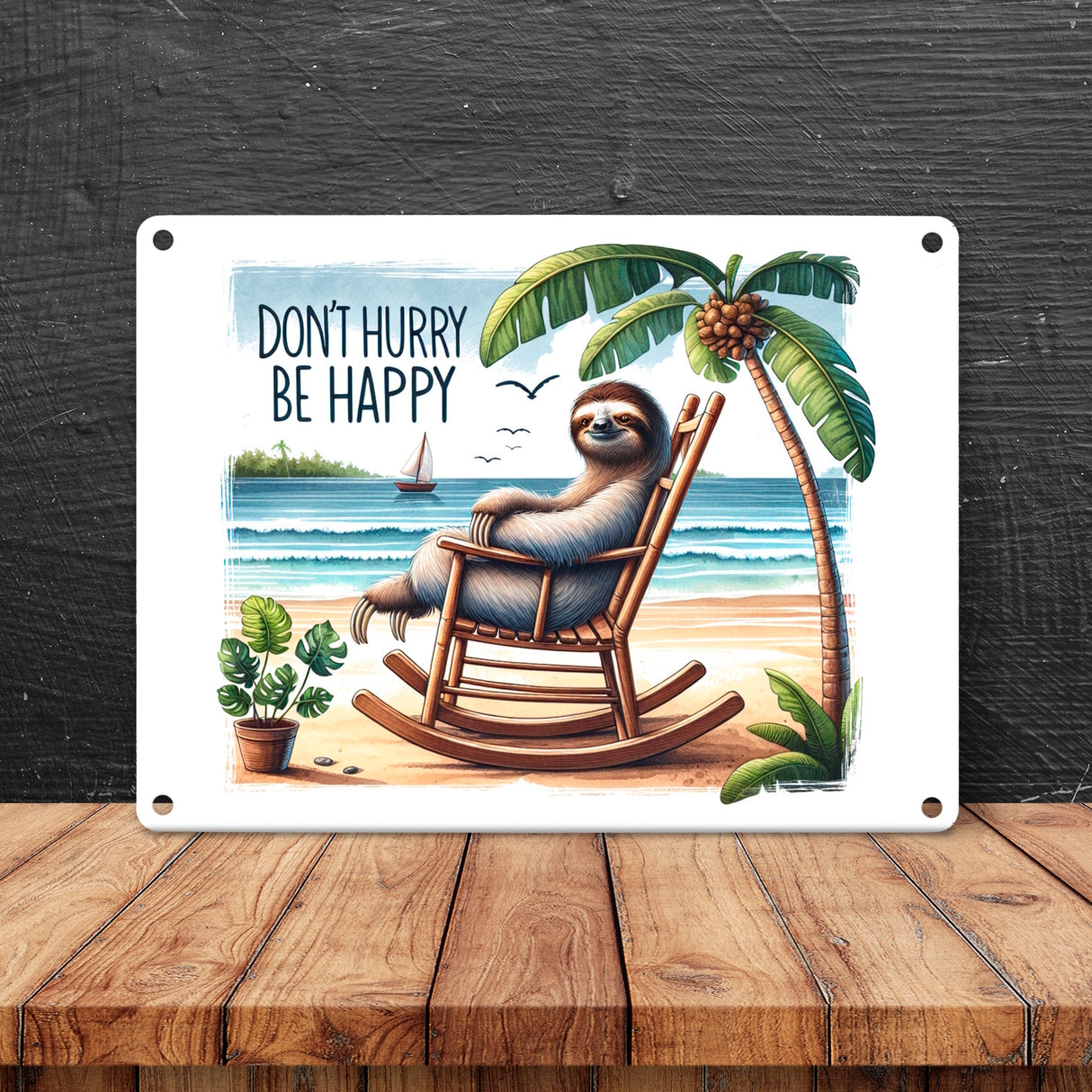 Faultier am Strand Metallschild in 15x20 cm mit Spruch Don't hurry - be happy