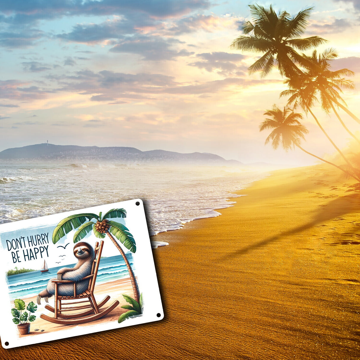 Faultier am Strand Metallschild in 15x20 cm mit Spruch Don't hurry - be happy