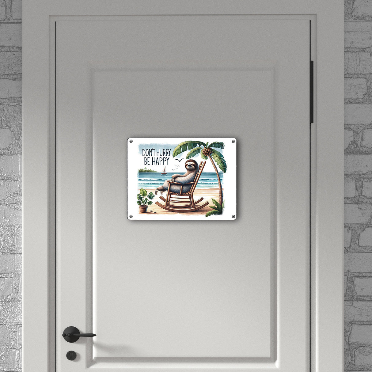 Faultier am Strand Metallschild in 15x20 cm mit Spruch Don't hurry - be happy