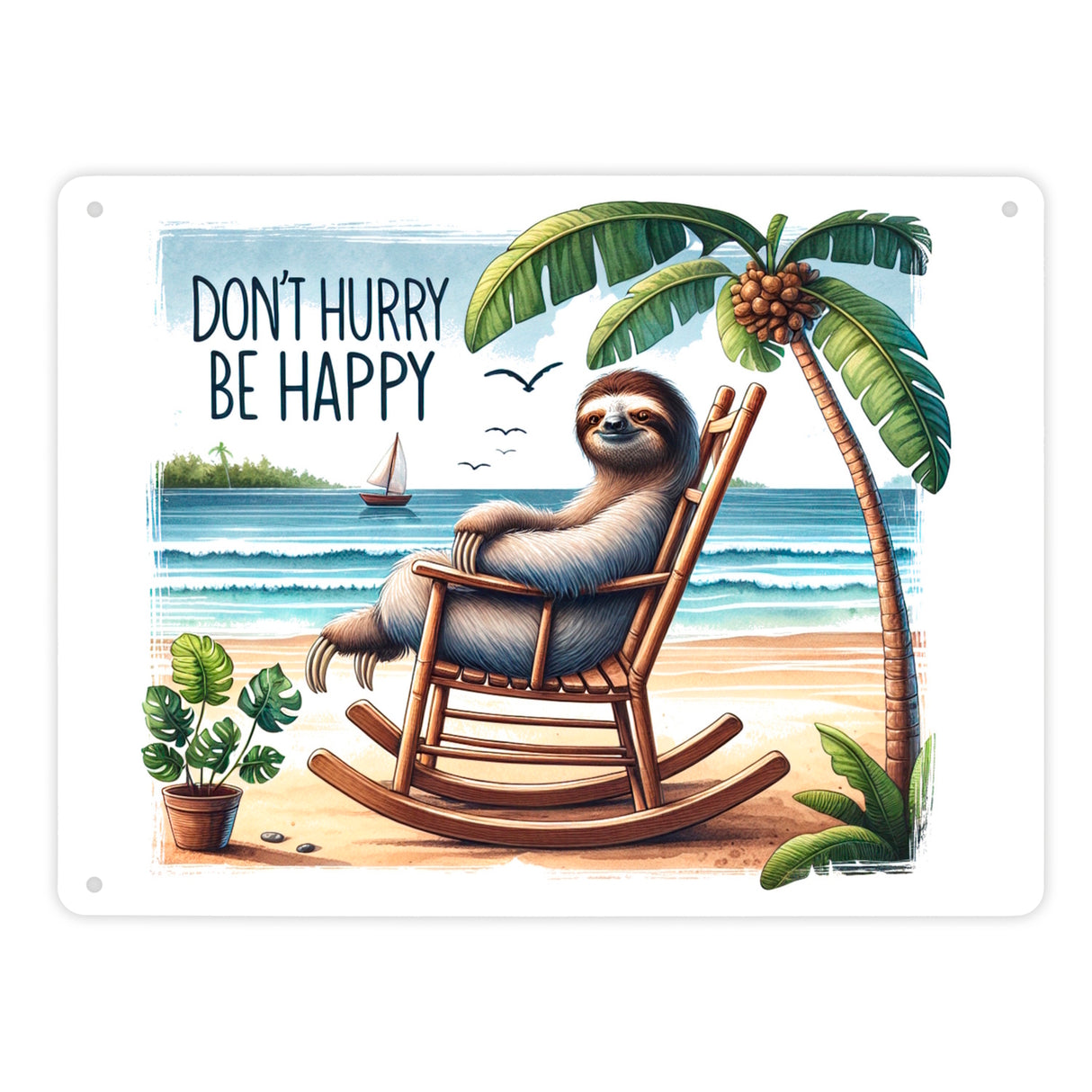 Faultier am Strand Metallschild in 15x20 cm mit Spruch Don't hurry - be happy
