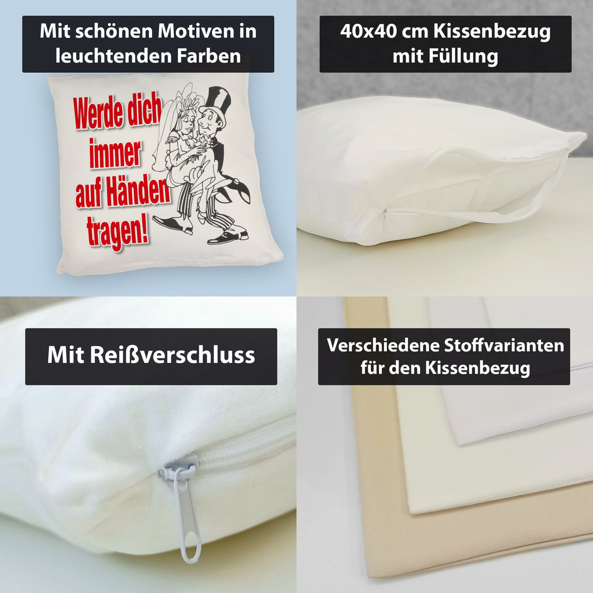 Ehepaar Kissen mit Spruch Werde dich immer auf Händen tragen