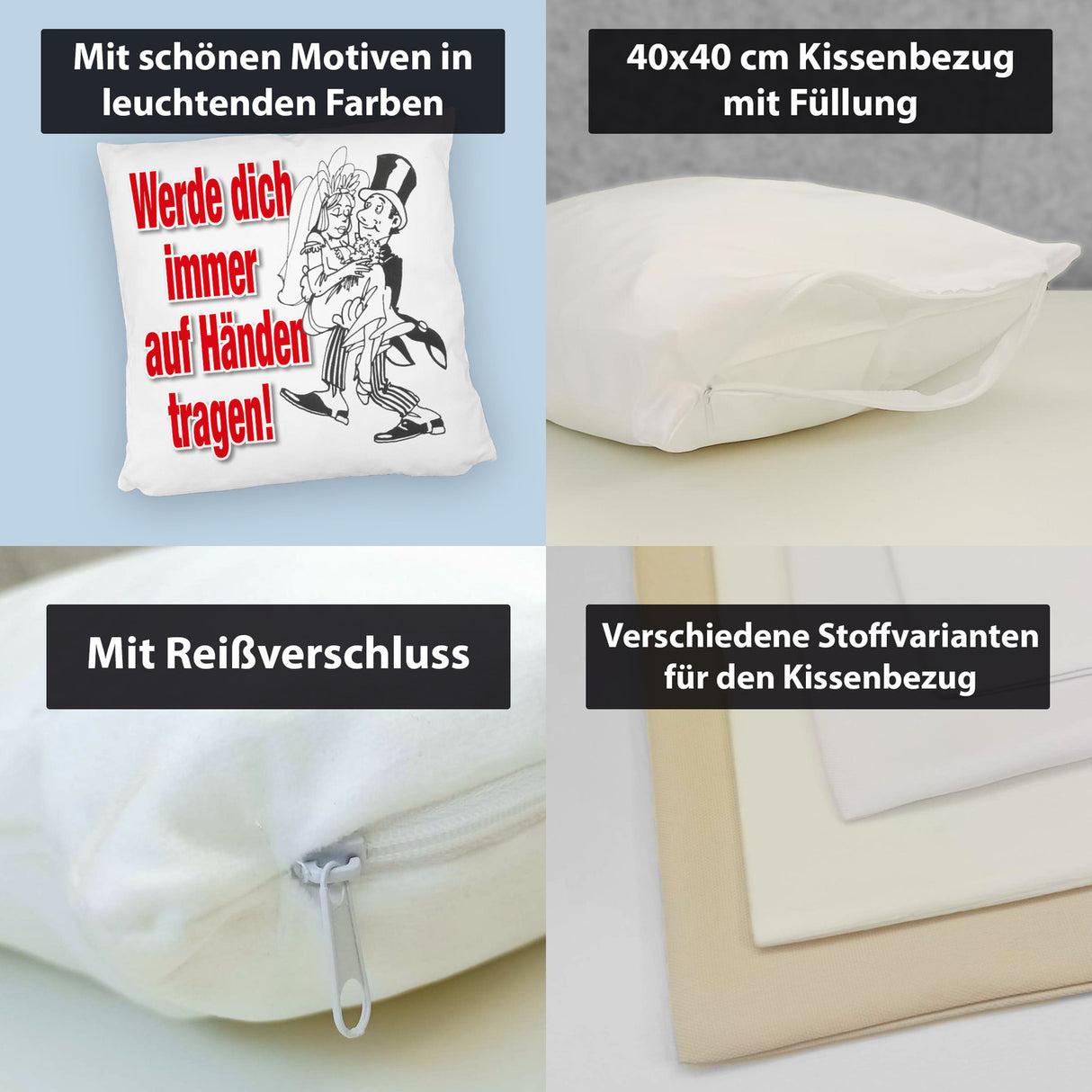 Ehepaar Kissen mit Spruch Werde dich immer auf Händen tragen