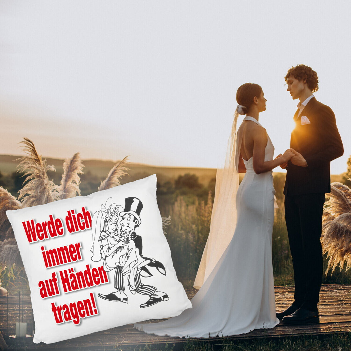 Ehepaar Kissen mit Spruch Werde dich immer auf Händen tragen