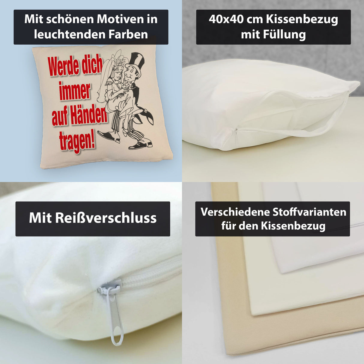 Ehepaar Kissen mit Spruch Werde dich immer auf Händen tragen