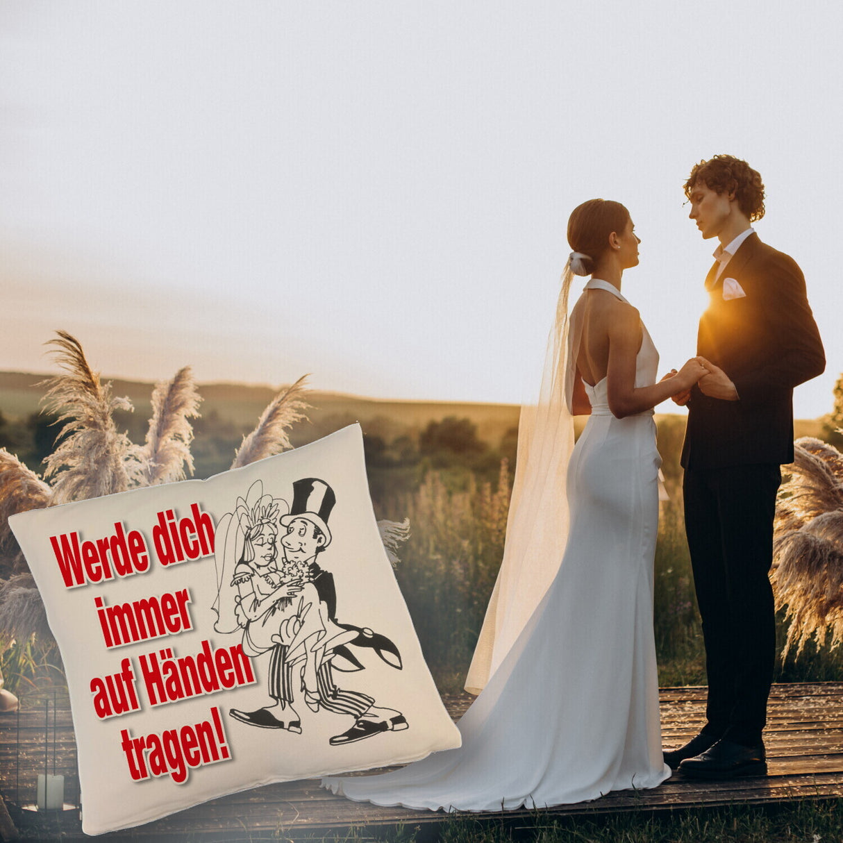 Ehepaar Kissen mit Spruch Werde dich immer auf Händen tragen