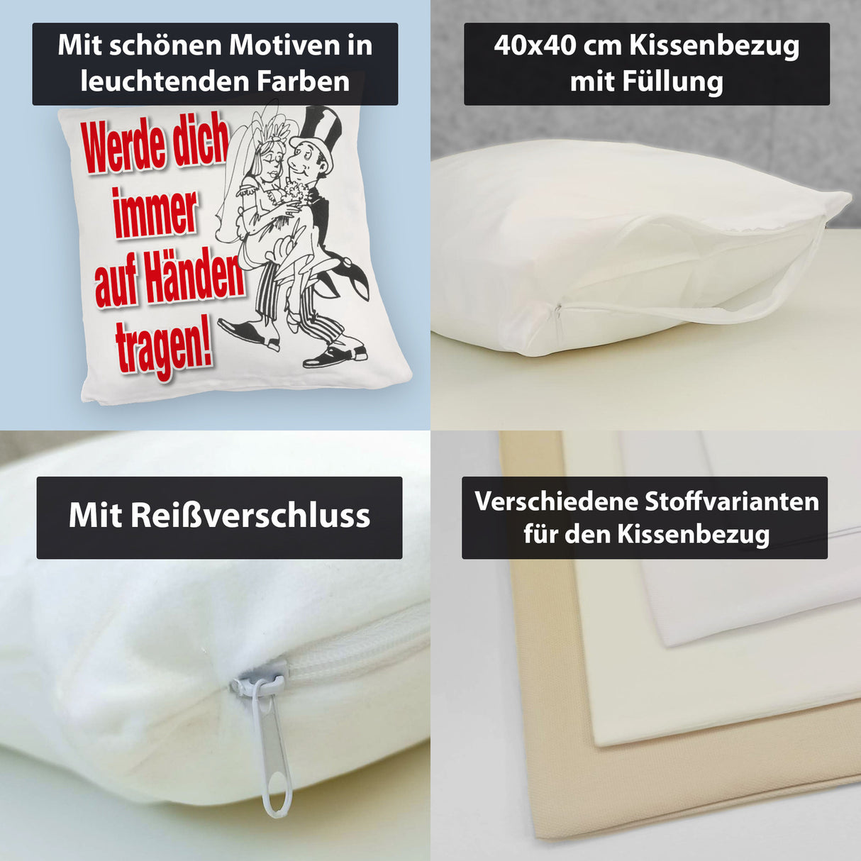 Ehepaar Kissen mit Spruch Werde dich immer auf Händen tragen