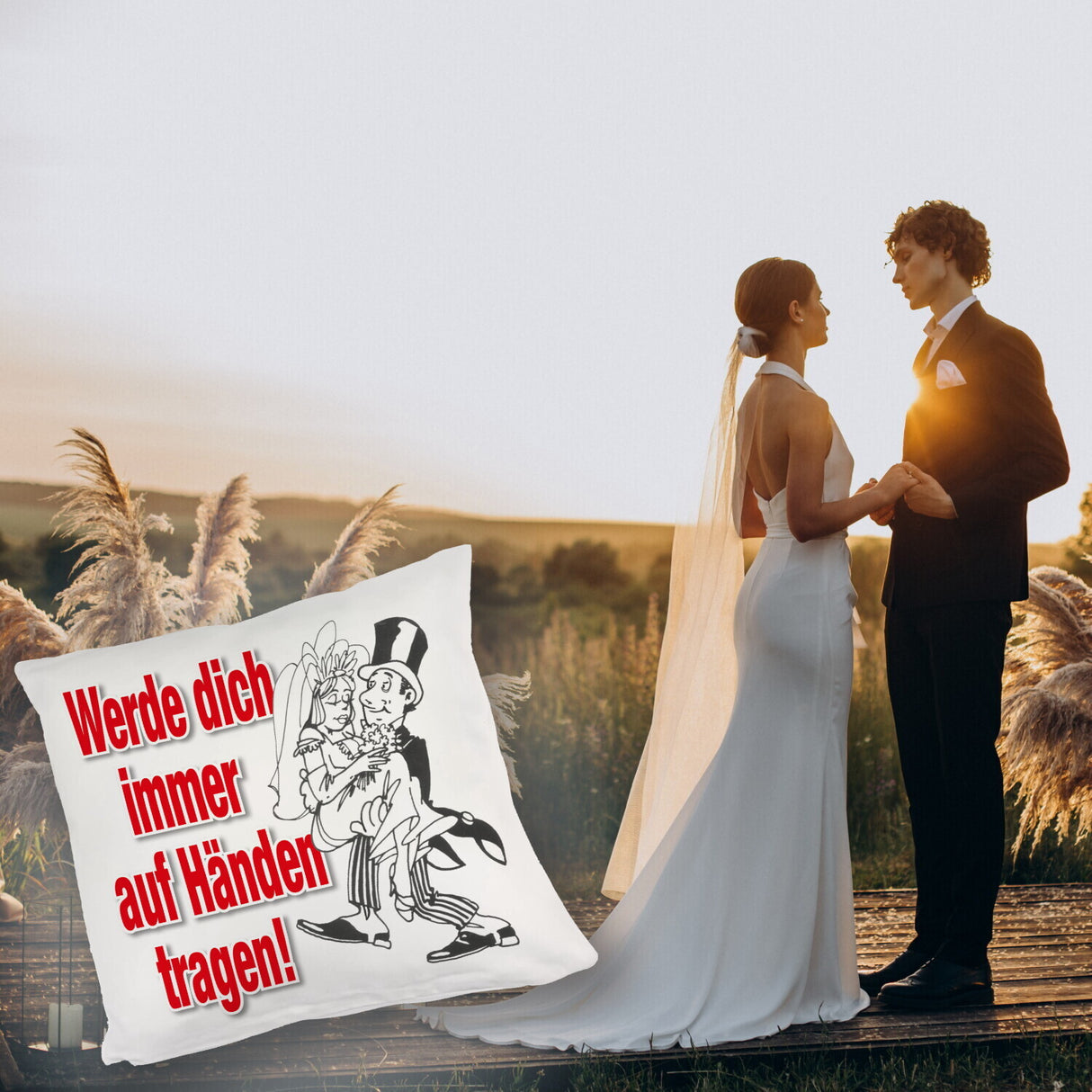 Ehepaar Kissen mit Spruch Werde dich immer auf Händen tragen