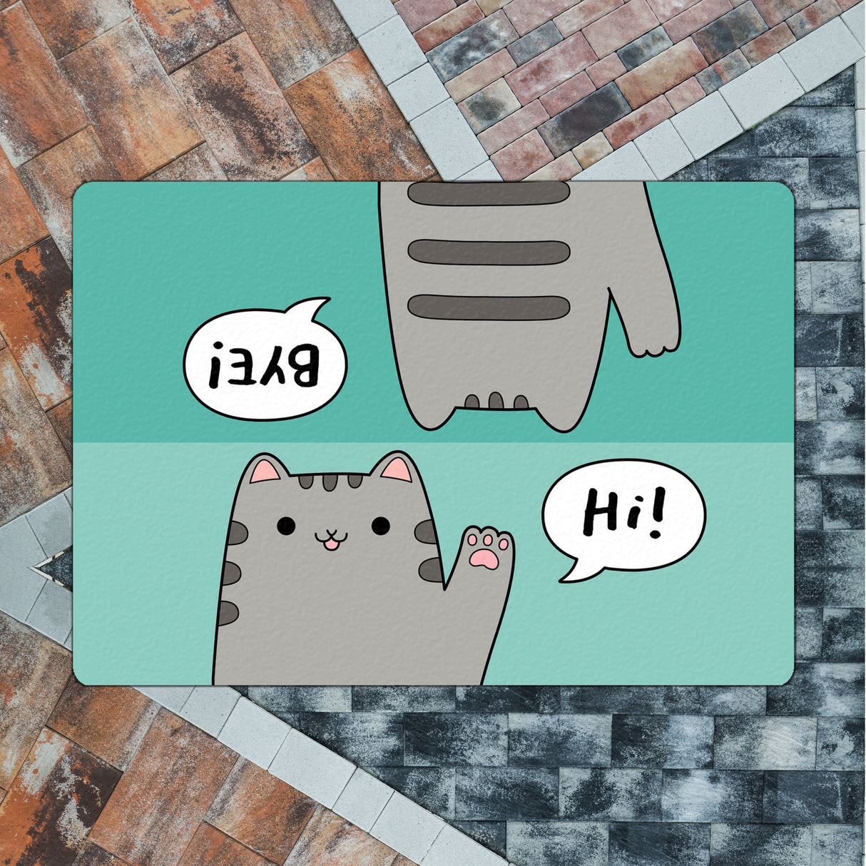 Katze kawaii Fußmatte in 35x50 cm ohne Rand mit Spruch Hi - Bye