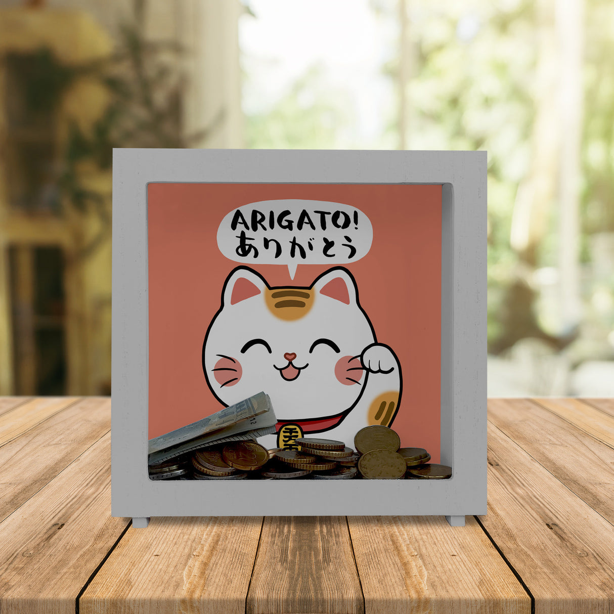 Winkekatze Spardose mit Spruch Arigato