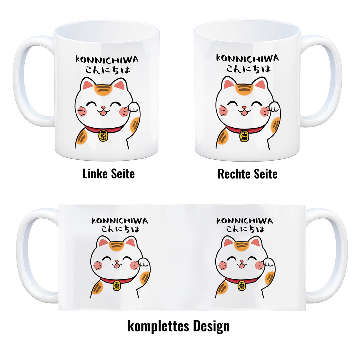 Winkekatze Kaffeebecher mit Spruch Konnichiwa