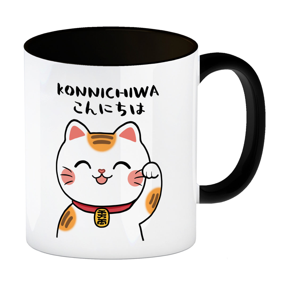 Winkekatze Kaffeebecher mit Spruch Konnichiwa