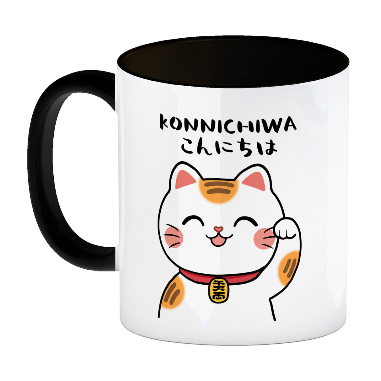 Winkekatze Kaffeebecher mit Spruch Konnichiwa
