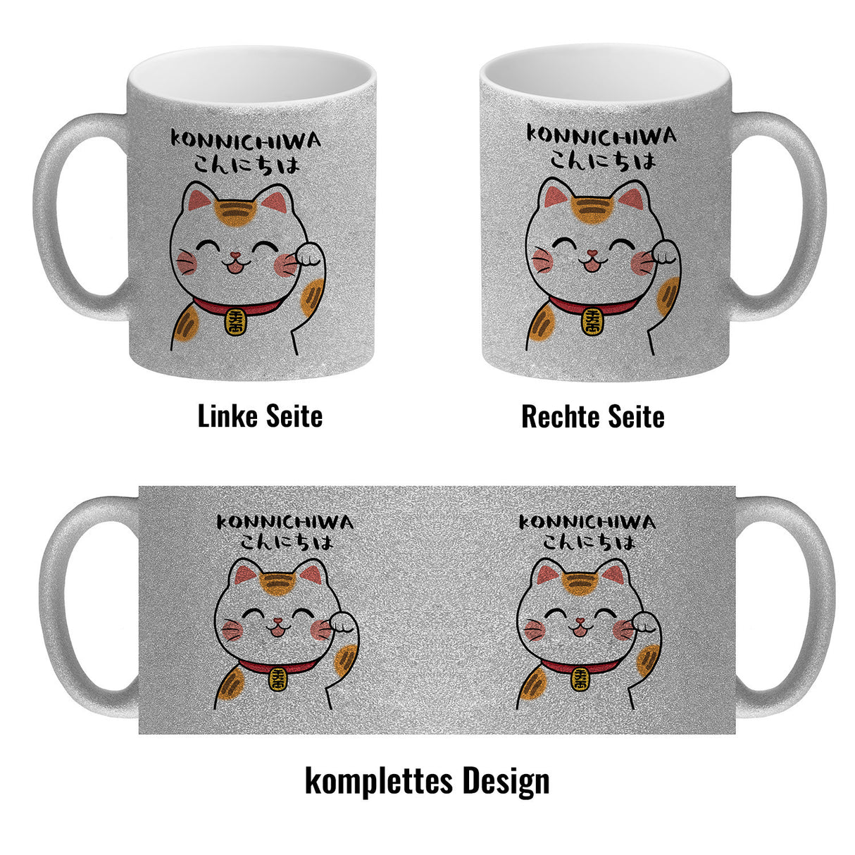 Winkekatze Kaffeebecher mit Spruch Konnichiwa