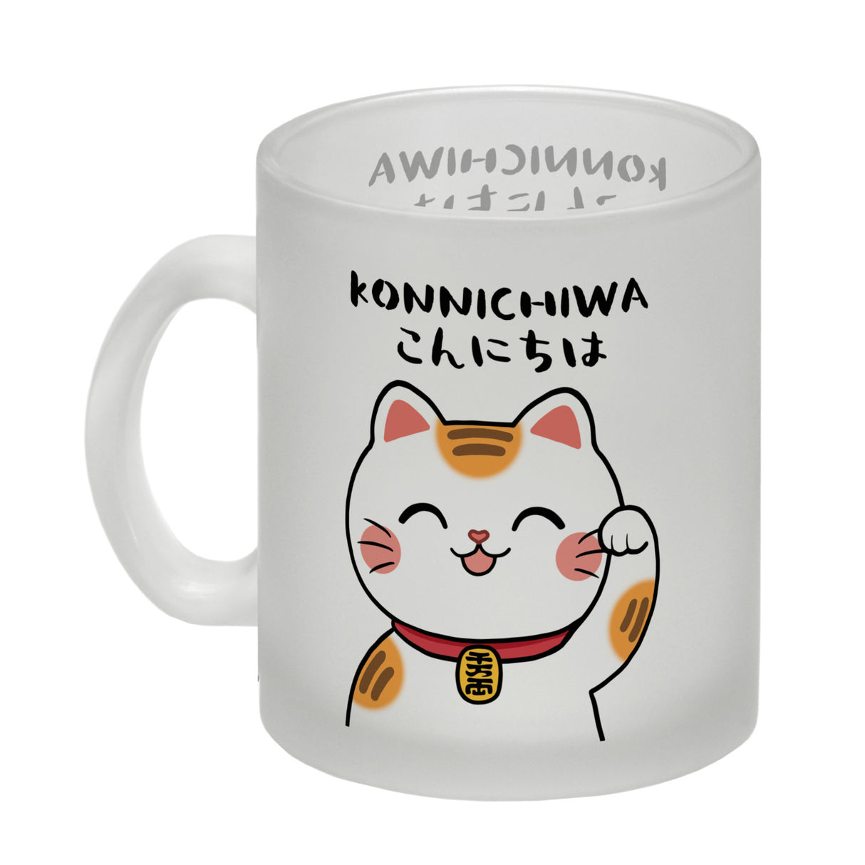 Winkekatze Kaffeebecher mit Spruch Konnichiwa