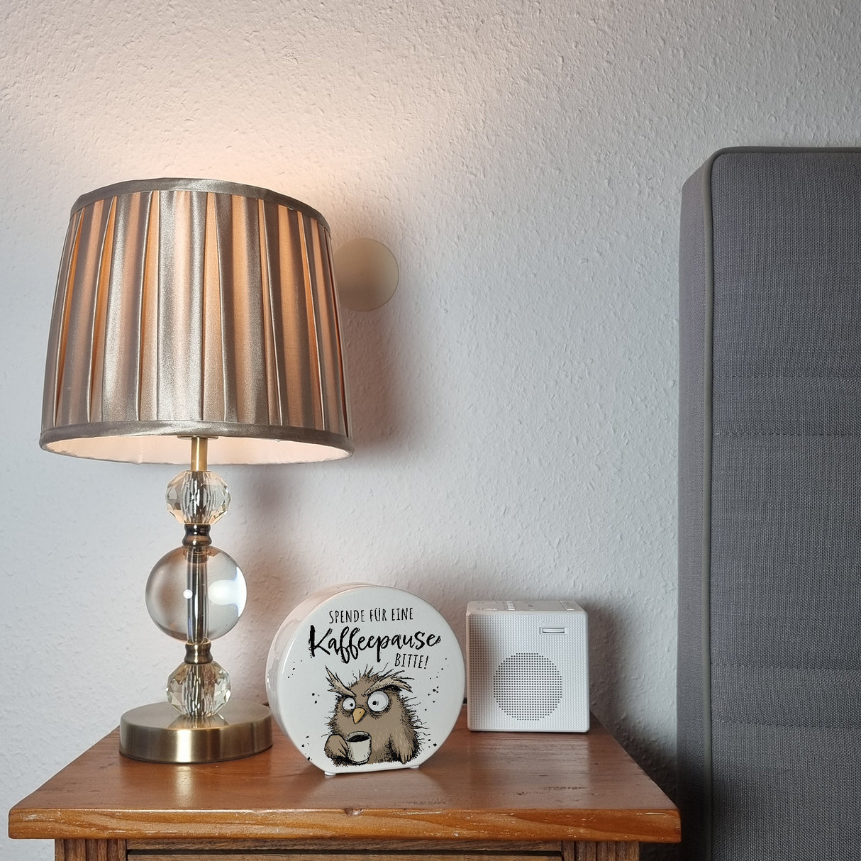 Eule Spardose mit Spruch Spende für eine Kaffeepause