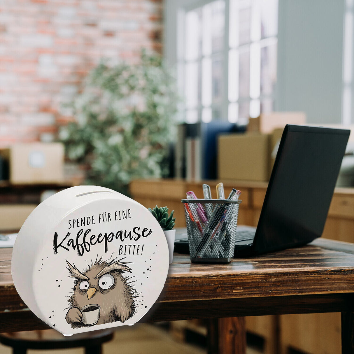 Eule Spardose mit Spruch Spende für eine Kaffeepause