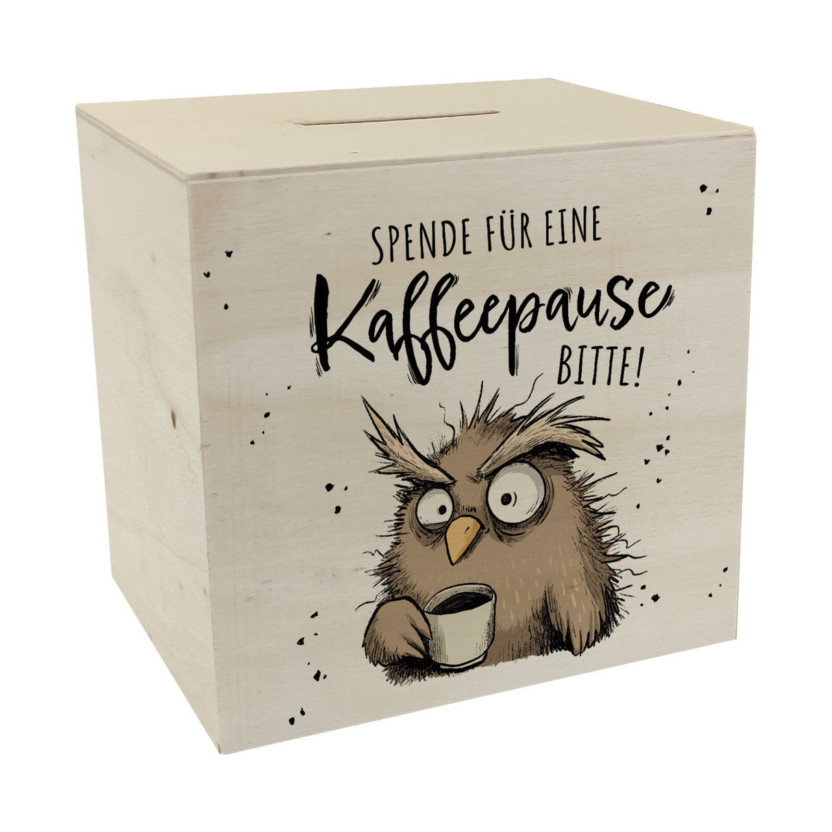 Eule Spardose mit Spruch Spende für eine Kaffeepause
