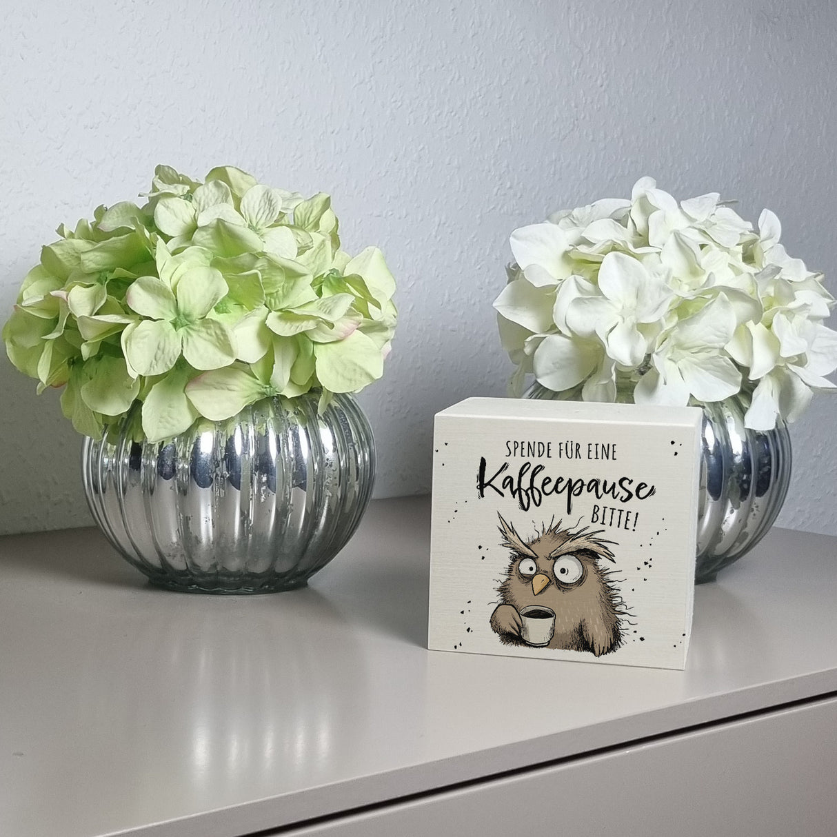 Eule Spardose mit Spruch Spende für eine Kaffeepause