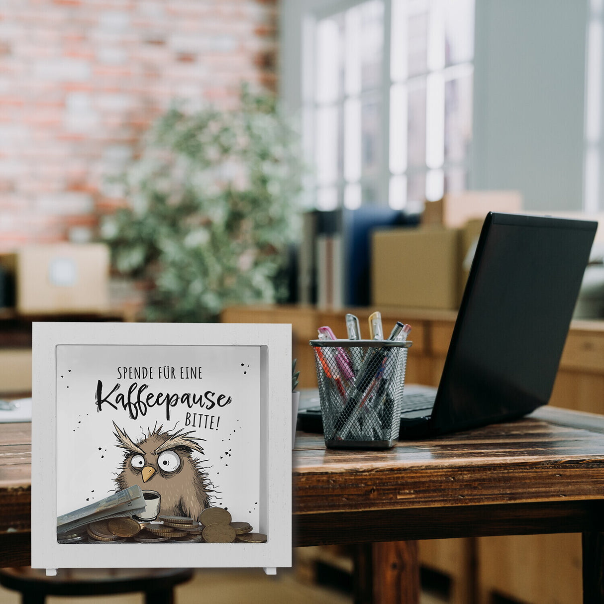 Eule Spardose mit Spruch Spende für eine Kaffeepause