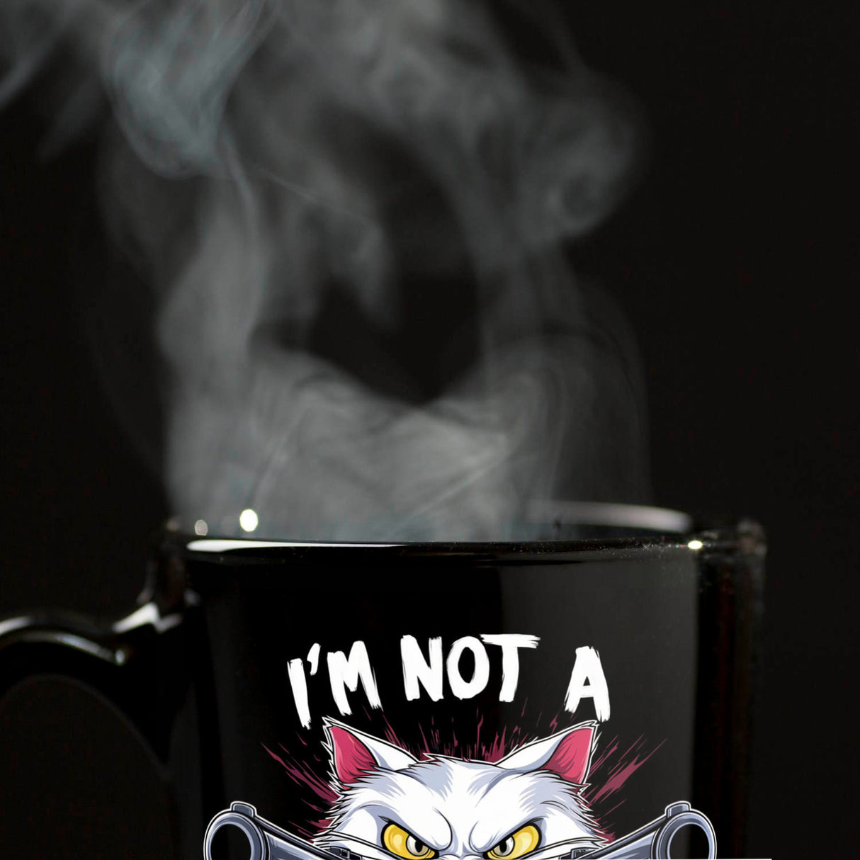Weiße Katze mit Pistolen Tasse NOT A SILLY CAT