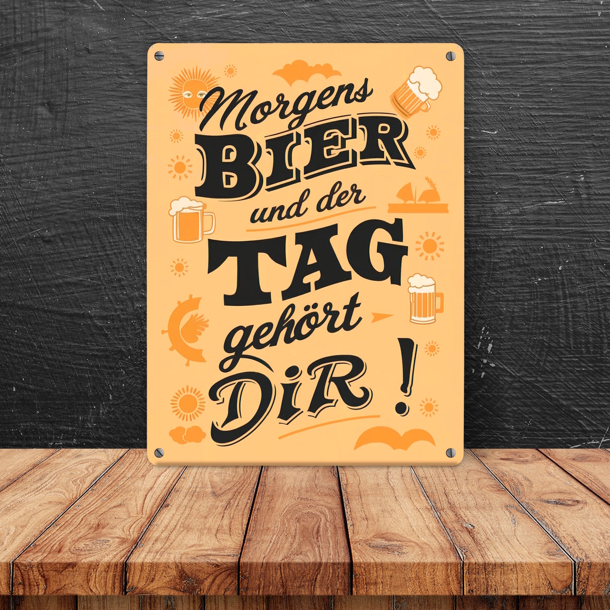 Metallschild in 15x20 cm - Morgens Bier und der Tag gehört dir