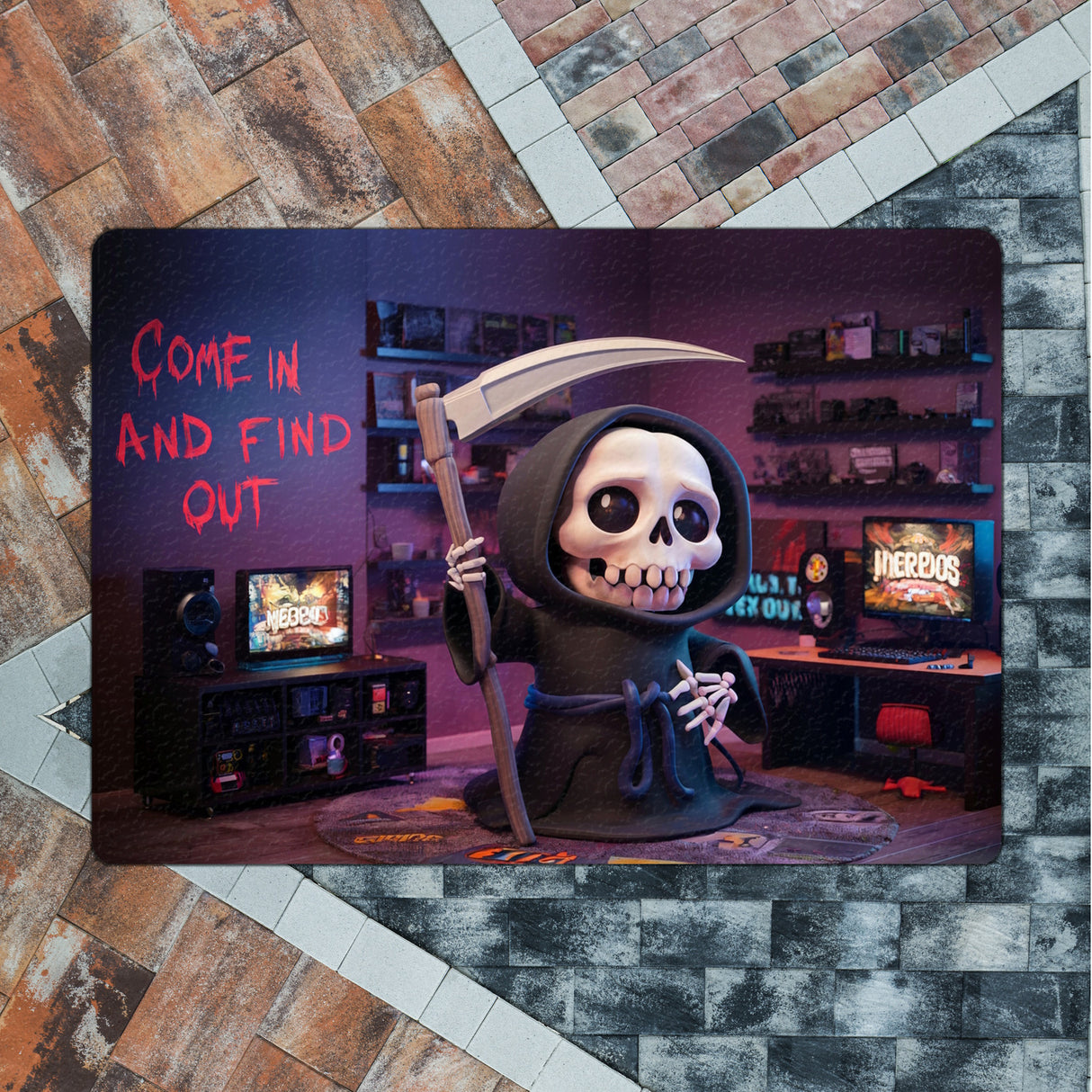 Skelett des Sensenmanns Zocker Fußmatte in 35x50 cm ohne Rand - Come in and find out