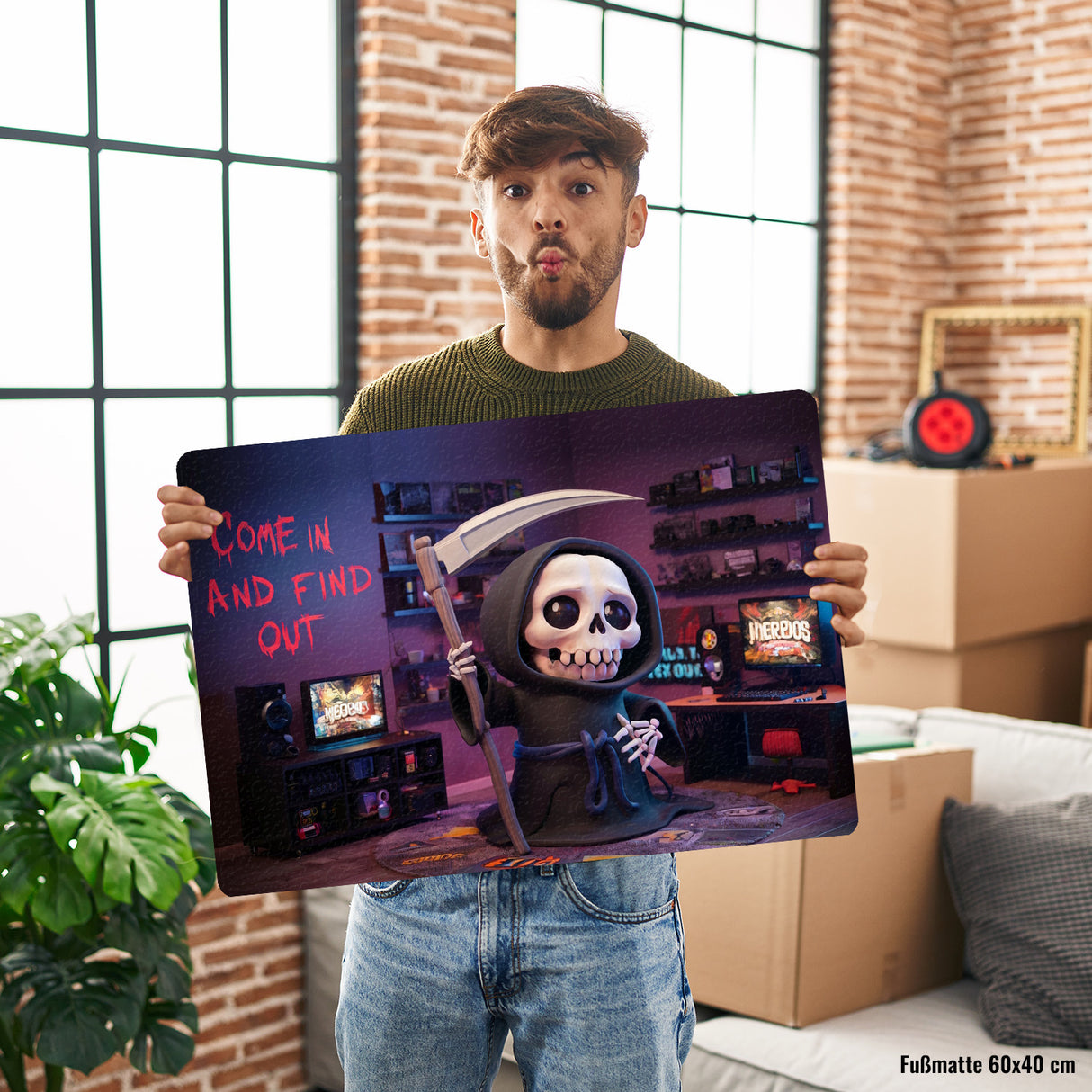 Skelett des Sensenmanns Zocker Fußmatte in 35x50 cm ohne Rand - Come in and find out