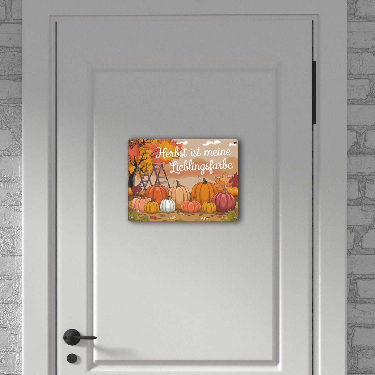 Herbstliche Landschaft mit Kürbissen Metallschild in 15x20 cm - Herbst ist Lieblingsfarbe