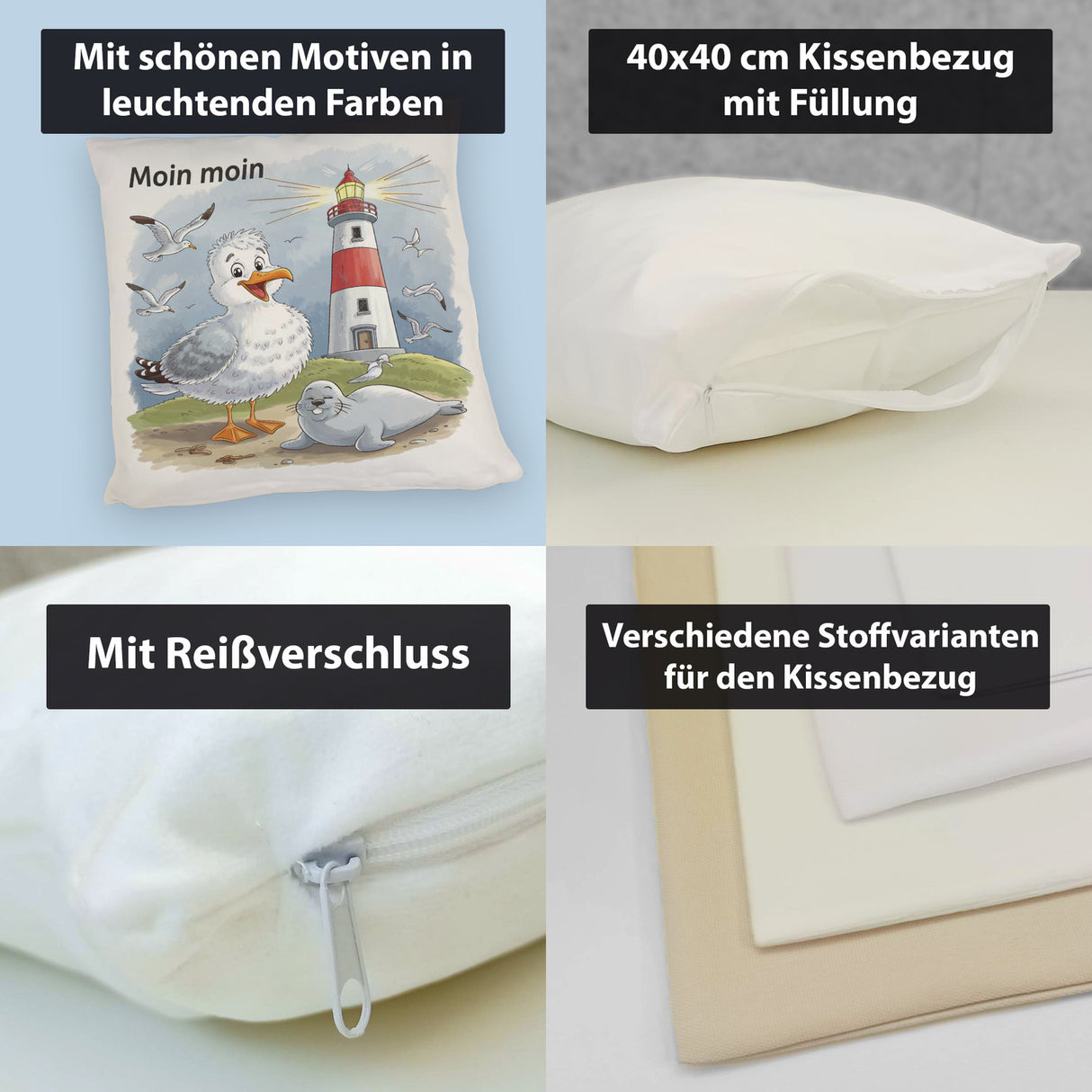 Fröhliche Möwe und Leuchtturm Kissen - MOIN MOIN