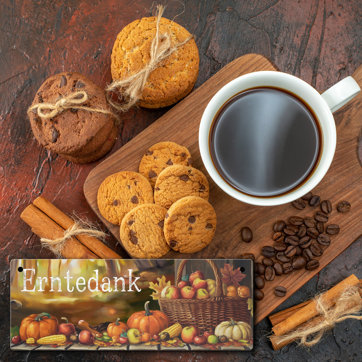 Weidenkorb mit Herbstprodukten - Erntedank - Metallschild