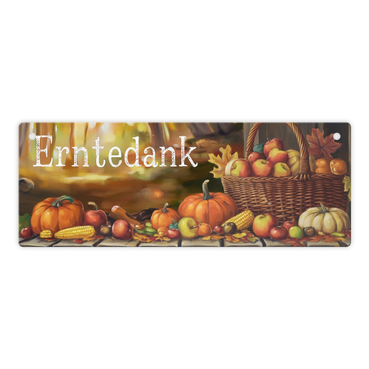 Weidenkorb mit Herbstprodukten - Erntedank - Metallschild