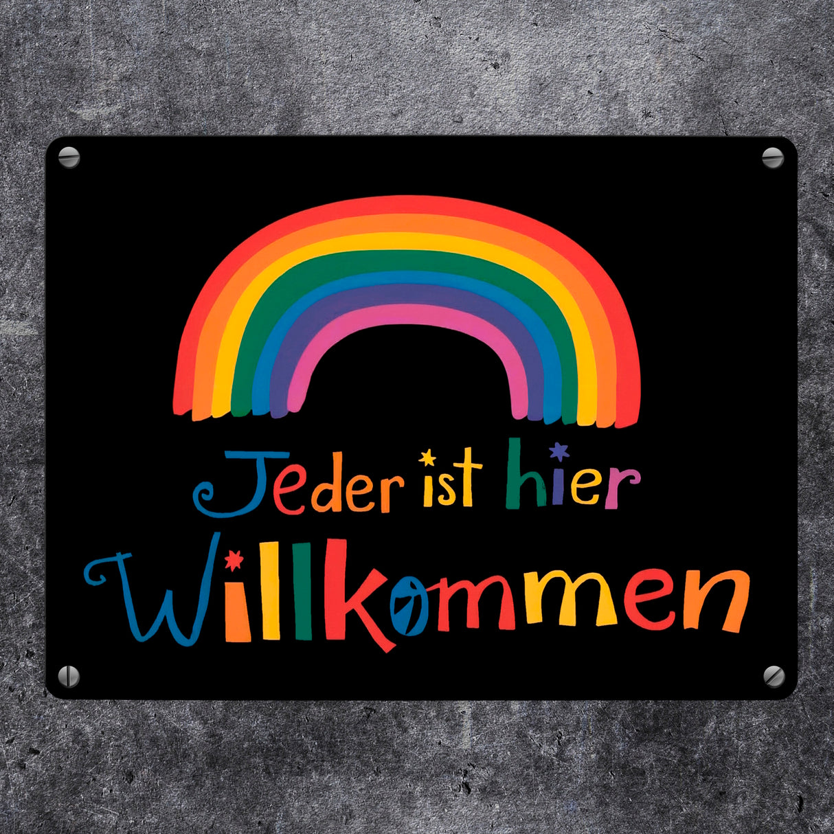 Jeder ist hier Willkommen Regenbogen Metallschild in 15x20 cm