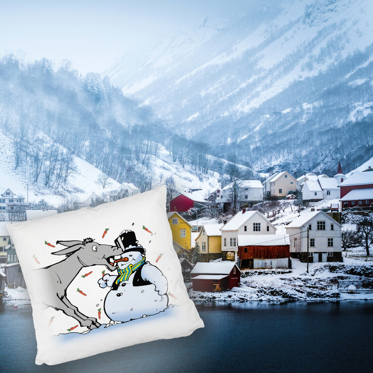 Kissen Schneemann & Esel - Weihnachtsdeko mit Humor