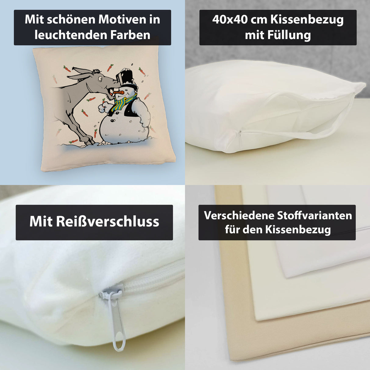 Kissen Schneemann & Esel - Weihnachtsdeko mit Humor