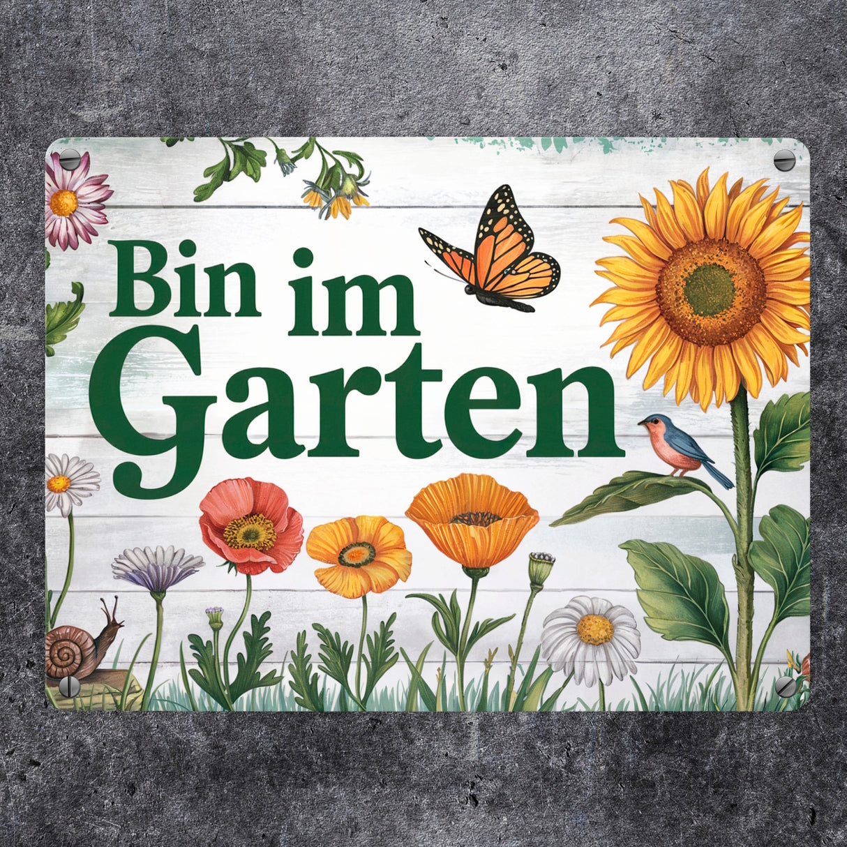 Bin im Garten Metallschild in 15x20 cm mit Schmetterling und Blumen