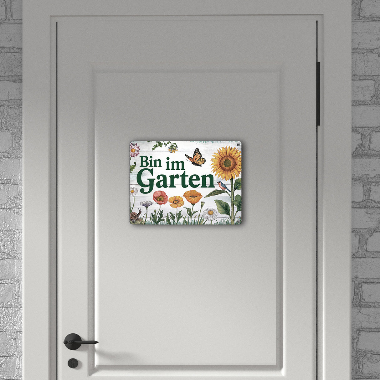 Bin im Garten Metallschild in 15x20 cm mit Schmetterling und Blumen