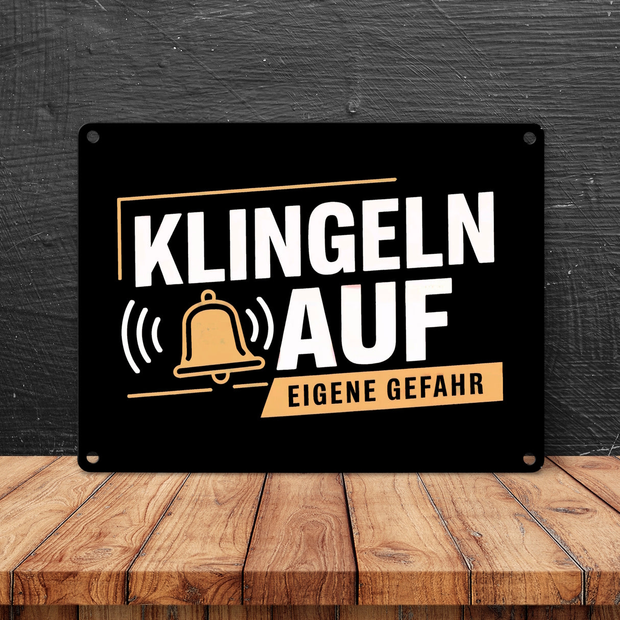 KLINGELN AUF EIGENE GEFAHR Metallschild in 15x20 cm mit Glockensymbol
