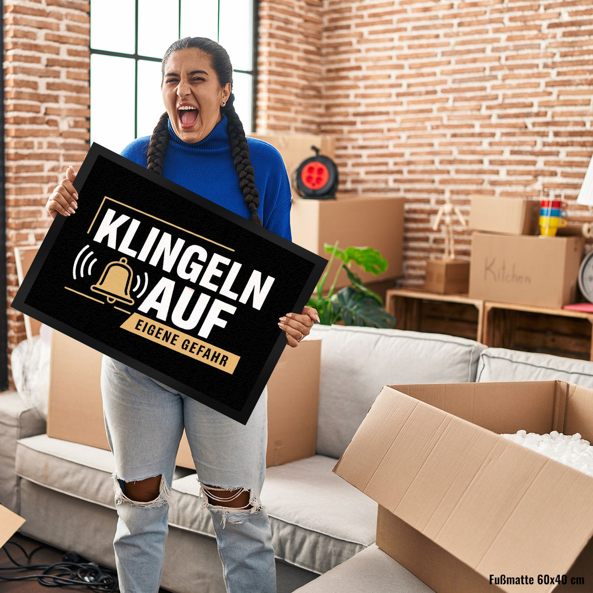 KLINGELN AUF EIGENE GEFAHR Fußmatte in 35x50 cm mit Glockensymbol