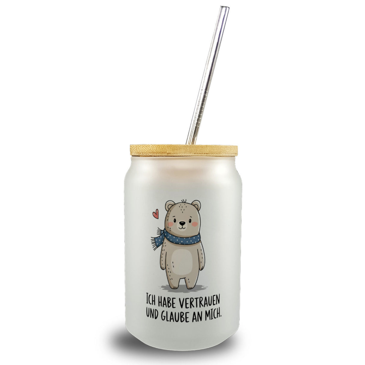 Ich habe vertrauen und glaube an mich Bär mit Herz Trinkglas mit Bambusdeckel
