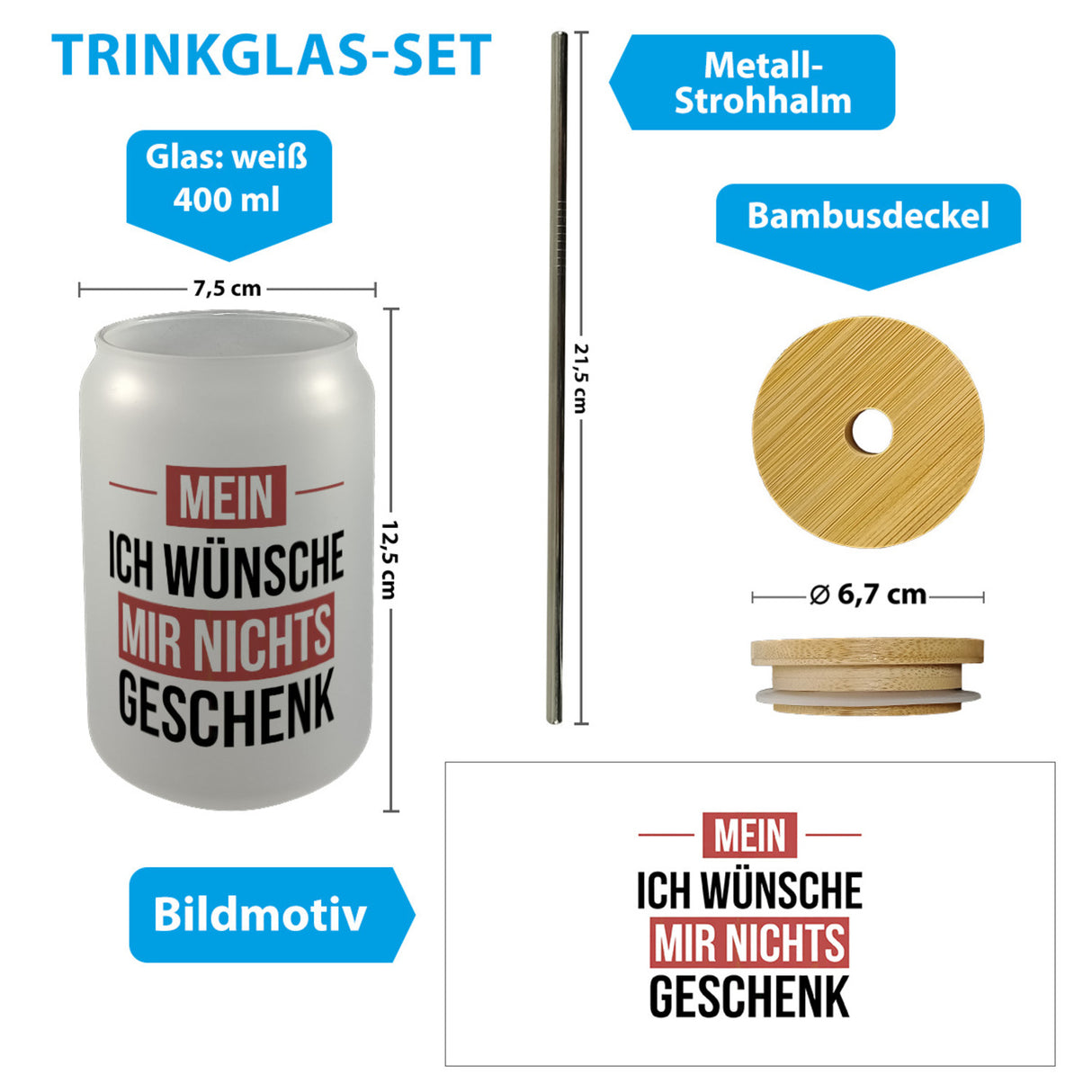 Mein ICH WÜNSCHE MIR NICHTS Trinkglas mit Bambusdeckel