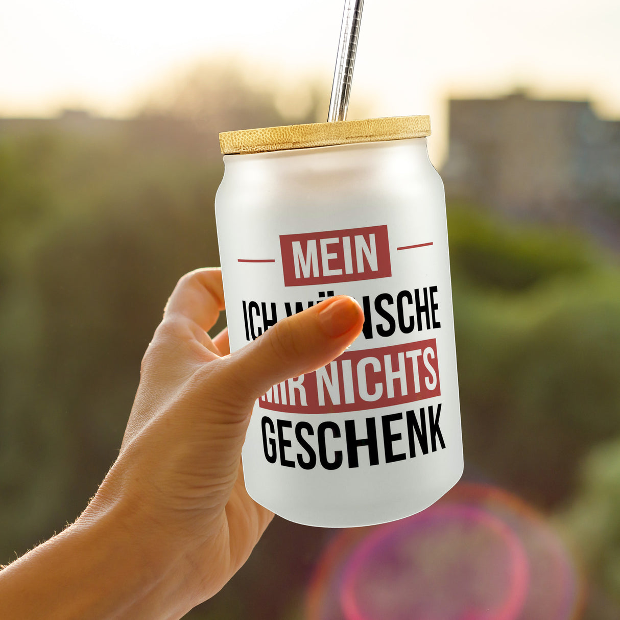 Mein ICH WÜNSCHE MIR NICHTS Trinkglas mit Bambusdeckel