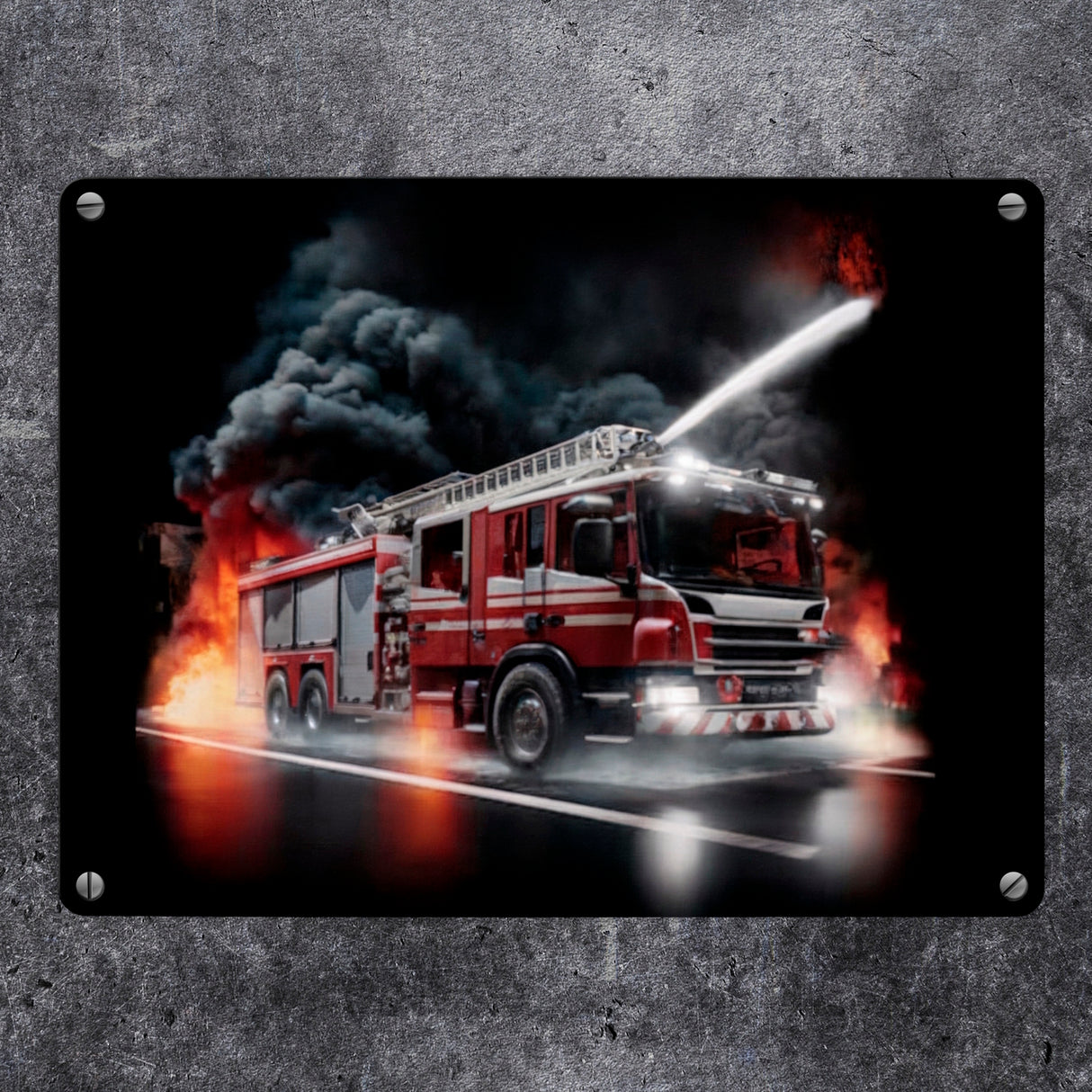 Feuerwehrauto kämpft gegen Flammen Metallschild in 15x20 cm