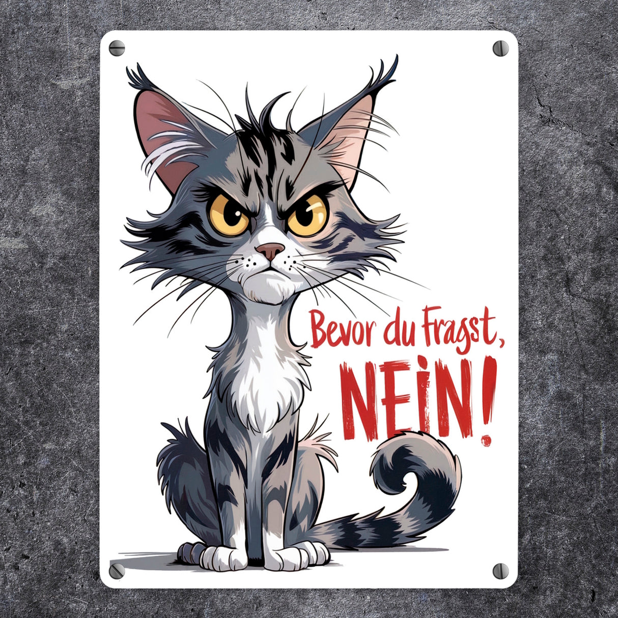 Grimmige Katze Metallschild in 15x20 cm mit Spruch Bevor du fragst: NEIN!