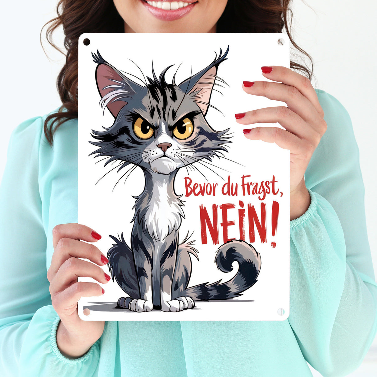Grimmige Katze Metallschild in 15x20 cm mit Spruch Bevor du fragst: NEIN!