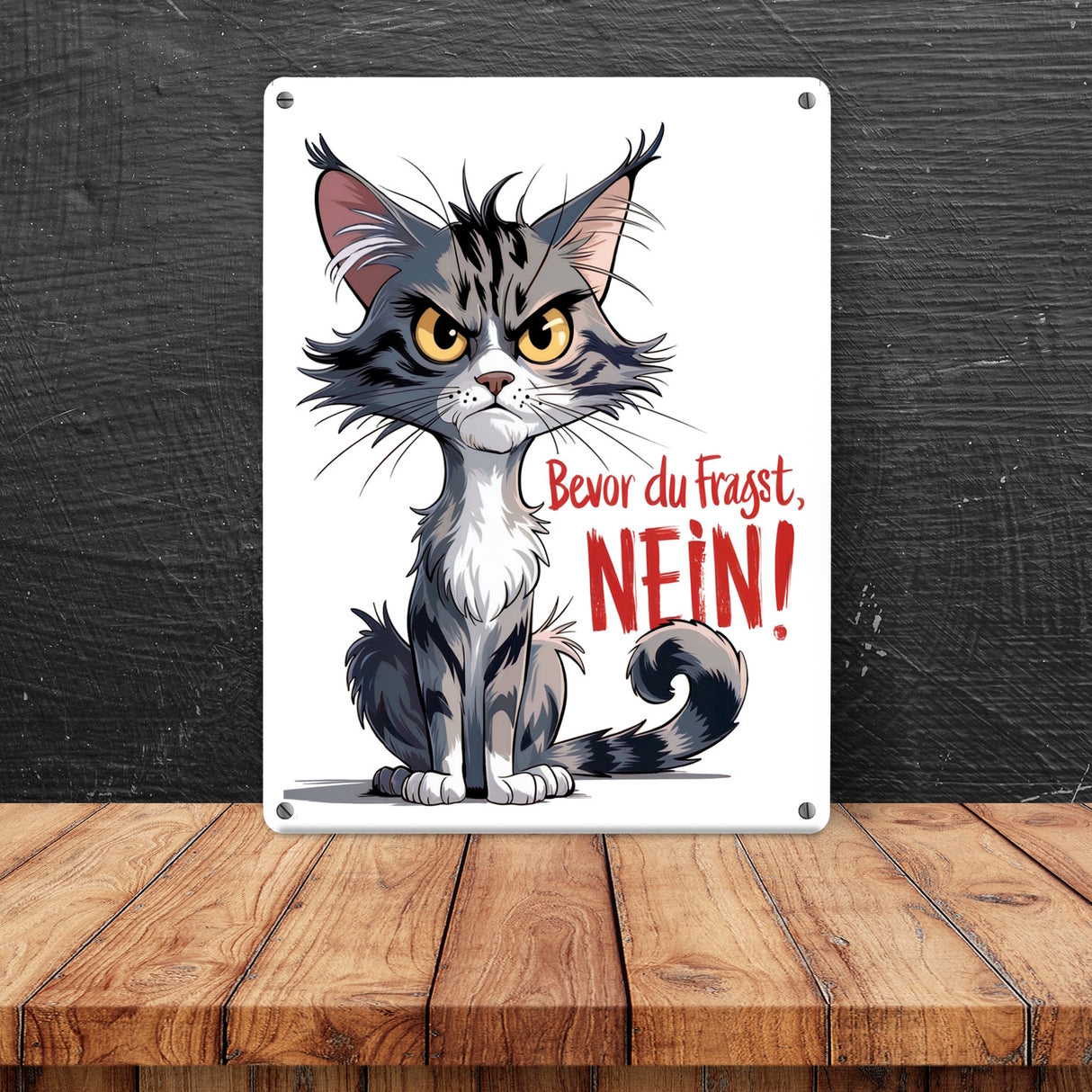 Grimmige Katze Metallschild in 15x20 cm mit Spruch Bevor du fragst: NEIN!