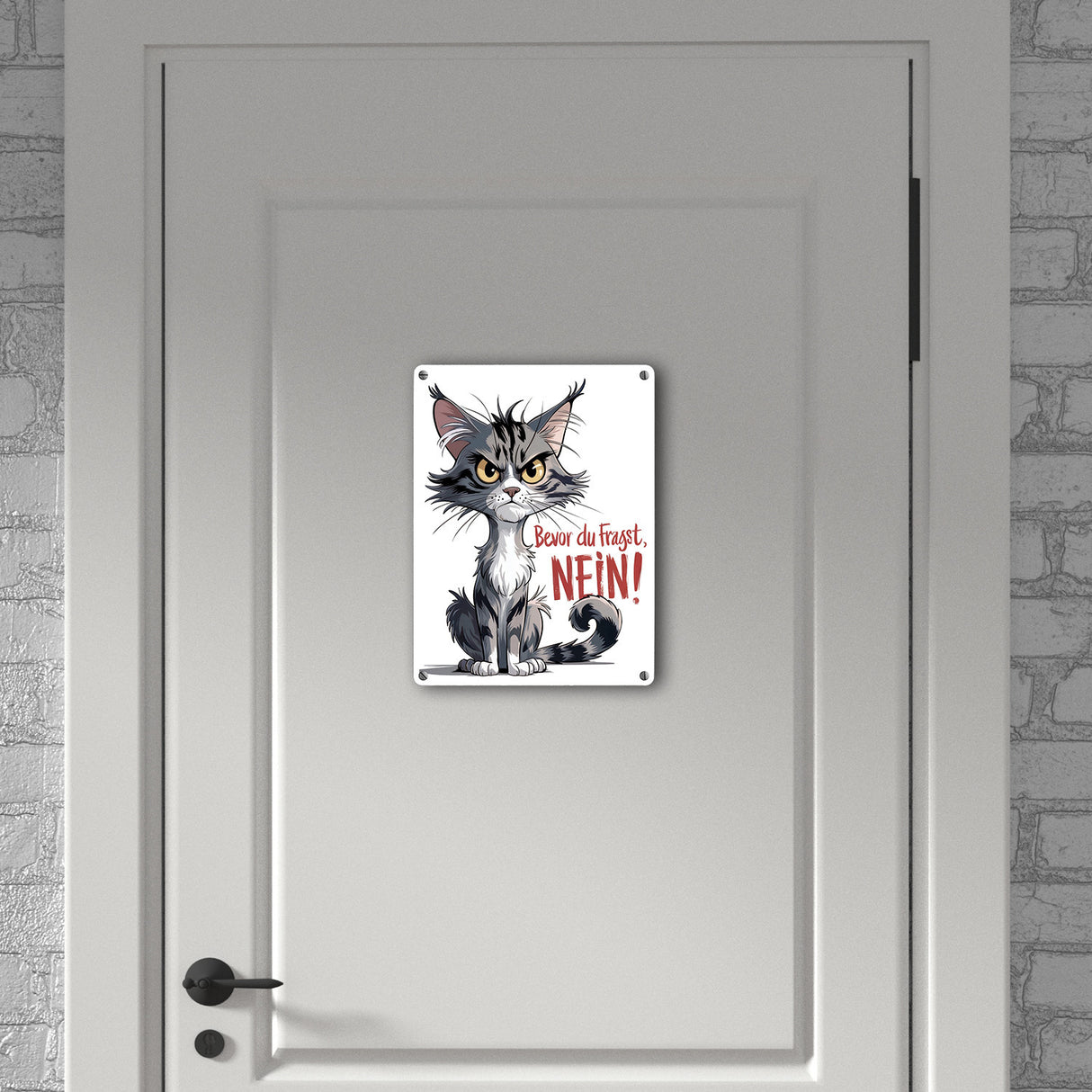 Grimmige Katze Metallschild in 15x20 cm mit Spruch Bevor du fragst: NEIN!