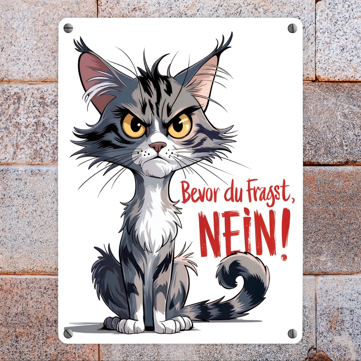 Grimmige Katze Metallschild in 15x20 cm mit Spruch Bevor du fragst: NEIN!
