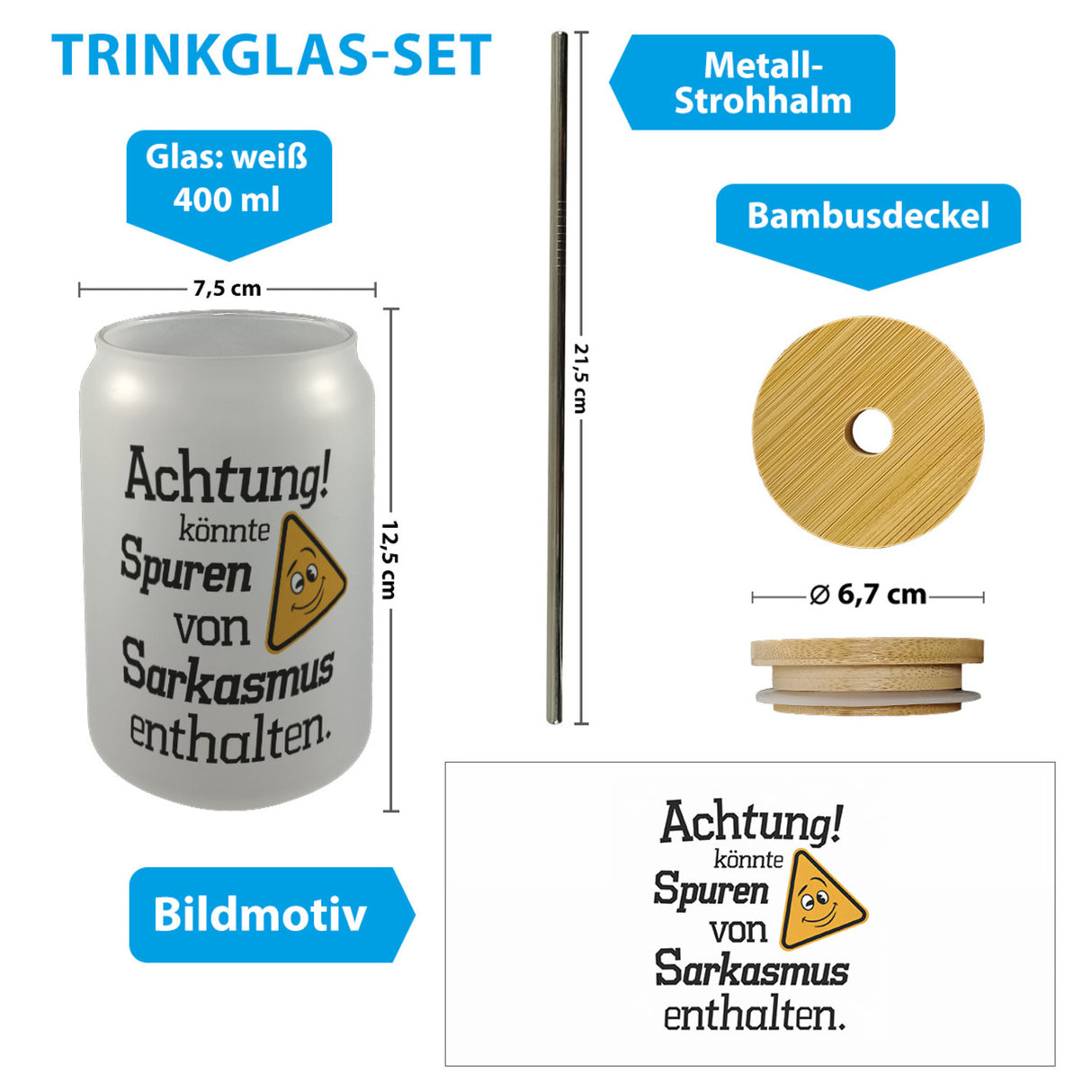 Sarkasmus Warnung Trinkglas mit Bambusdeckel Achtung kann Spuren enthalten