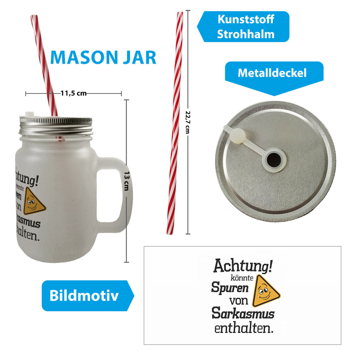 Sarkasmus Warnung Trinkglas mit Bambusdeckel Achtung kann Spuren enthalten