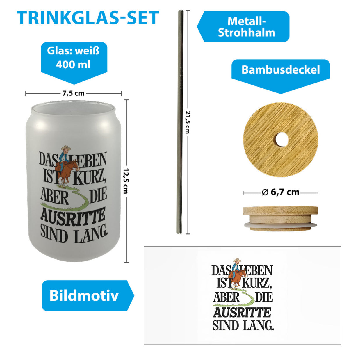 Reiter Spruch Trinkglas mit Bambusdeckel Ausritte sind lang